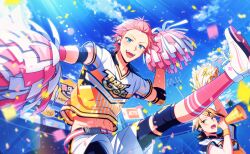  2boys belt blue_eyes blue_sky confetti day dino_albani game_cg happy_elements helios_rising_heroes highres holding male_focus megaphone midriff_peek multiple_boys non-web_source official_art open_mouth outdoors pink_belt pink_hair pom_pom_(cheerleading) shirt short_hair short_sleeves shorts sky smile socks sportswear teeth upper_teeth_only white_shorts 
