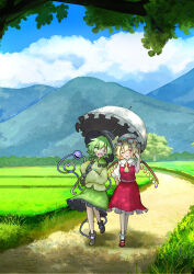  2girls ascot black_boots black_hat blonde_hair blue_sky blush boots bow buttons clouds commentary_request crystal crystal_wings daia_(daia9132) day diamond_button eyeball flandre_scarlet frilled_shirt_collar frilled_sleeves frills full_body green_hair green_skirt hat hat_bow heart heart_of_string highres holding holding_umbrella komeiji_koishi mob_cap mountainous_horizon multicolored_wings multiple_girls one_eye_closed one_side_up open_mouth outdoors parasol red_eyes red_shoes red_skirt red_vest shared_umbrella shirt shoes skirt skirt_set sky smile socks sweatdrop third_eye touhou umbrella vest white_hat white_socks white_umbrella wings yellow_ascot yellow_bow yellow_shirt 