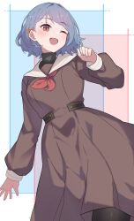  1girl ;d black_pantyhose black_shirt blue_background blue_hair border bow brown_dress commentary cowboy_shot dress hair_bow hair_intakes hasu_no_sora_school_uniform link!_like!_love_live! long_sleeves looking_at_viewer love_live! medium_dress neckerchief one_eye_closed open_mouth orange_bow outside_border pantyhose pink_eyes pleated_dress red_background red_neckerchief reizawa_aoi sailor_collar sailor_dress school_uniform shirt short_hair smile solo soyo1558686 turtleneck turtleneck_shirt two-tone_background undershirt white_border white_sailor_collar winter_uniform 