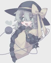  1girl black_hat blouse blush bow eyeball frilled_shirt_collar frilled_sleeves frills green_eyes green_hair hat hat_bow hat_ribbon heart heart_of_string komeiji_koishi open_mouth ribbon shirt shwtrb solo third_eye touhou upper_body white_background yellow_bow yellow_ribbon yellow_shirt 