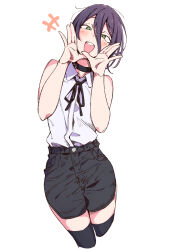  1girl black_choker black_hair black_ribbon black_shorts black_thighhighs blush chainsaw_man choker collared_shirt cowboy_shot cropped_legs eitopondo flat_chest green_eyes grenade_pin hair_between_eyes hand_to_own_mouth head_tilt highres long_hair_between_eyes looking_at_viewer neck_ribbon open_mouth reze_(chainsaw_man) ribbon shirt shirt_tucked_in short_hair shorts shouting simple_background sleeveless sleeveless_shirt smile solo standing teeth thigh-highs upper_teeth_only white_background white_shirt wing_collar 