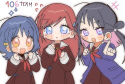  +++ 3girls black_hair blue_eyes blue_hair blush brown_dress cardigan closed_mouth col_person commentary double_bun dress flying_sweatdrops frown hair_bun hasu_no_sora_school_uniform highres kinjou_maika link!_like!_love_live! long_hair long_sleeves looking_at_viewer love_live! medium_hair multiple_girls neckerchief open_cardigan open_clothes orange_eyes pointing pointing_at_viewer purple_cardigan red_hair red_neckerchief reizawa_aoi sailor_collar sailor_dress school_uniform shirin_mion simple_background slit_pupils sparkle two_side_up untranslatable_commentary violet_eyes white_background white_sailor_collar winter_uniform 