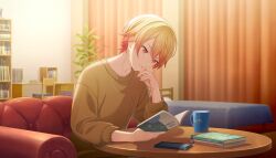  1boy bedroom blonde_hair book brown_sweater cellphone chair choukoku_no_protagonist_(project_sekai) closed_mouth collarbone colorful_palette couch cup curtains desk dot_nose double-parted_bangs expressionless game_cg gradient_hair hair_between_eyes hand_on_own_face highres holding holding_book indoors long_sleeves male_focus mug multicolored_hair official_art on_couch open_book orange_eyes orange_hair phone plant project_sekai reading shelf short_hair sitting smartphone solo split_mouth sweater table tenma_tsukasa third-party_source three-quarter_sleeves upper_body 