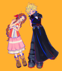  1boy 1girl absurdres aerith_gainsborough armor bare_arms bare_shoulders black_boots black_cape black_gloves black_pants black_sleeves black_vest blonde_hair blue_eyes boots braid braided_ponytail breasts brown_boots brown_hair cape cloud_strife dress final_fantasy final_fantasy_vii final_fantasy_vii:_advent_children full_body gloves green_eyes hair_ribbon hand_to_own_mouth highres kingdom_hearts kingdom_hearts_ii long_dress long_hair medium_breasts messy_hair orange_background pants parted_bangs pauldrons pink_dress red_ribbon ribbed_vest ribbon short_hair shoulder_armor sidelocks single_braid single_pauldron single_sleeve spiky_hair vest waist_cape yomyompi 