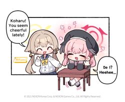  2girls ^_^ beret black_hat black_shoes black_wings blue_archive blue_sailor_collar blue_skirt blush brown_hair chair character_name chibi chibi_only closed_eyes commentary desk donmin_h english_commentary english_text flower_symbol hair_ornament halo hands_up hat head_wings hifumi_(blue_archive) koharu_(blue_archive) long_hair long_sleeves low_wings motion_lines multiple_girls official_art open_mouth pink_hair pleated_skirt sailor_collar school_desk shirt shoes sitting skirt smile speech_bubble twintails wings 