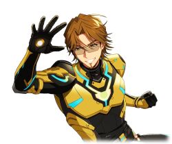  1boy armor brown_eyes brown_hair clenched_hand facial_hair game_cg goatee happy_elements helios_rising_heroes jay_kidman male_focus non-web_source official_art open_hand smile solo teeth transparent_background 