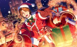  1boy bell box brown_eyes brown_hair christmas christmas_tree facial_hair food game_cg gift gift_box gloves goatee happy_elements hat helios_rising_heroes highres jay_kidman male_focus night non-web_source official_art one_eye_closed open_mouth santa_costume santa_hat sitting smile solo star_(symbol) teeth upper_teeth_only 