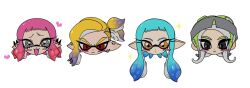  :3 angry black_eyes blonde_hair blue_hair blush chibi chibi_only commentary earrings expressionless eyelashes eyewear_on_head frown green_hair grey_eyes head_only highres inkling_boy inkling_girl inkling_player_character jewelry long_hair medium_hair multiple_girls nanimaroom octoling_player_character orange_eyes piercing pink_hair red_eyes sidelocks simple_background splatoon_(series) tentacle_hair tentacle_piercing thick_eyebrows untranslatable_commentary white_background 