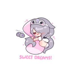  1girl absurdres blush bow chibi chibi_only closed_eyes commentary decrilus drooling english_commentary english_text full_body geow_(koseki_bijou) grey_hair hair_bow hair_over_one_eye highres hololive hololive_english hugging_object koseki_bijou long_hair lying mouth_drool on_side open_mouth pillow pillow_hug purple_socks shirt short_sleeves simple_background sleep_mask sleeping socks solo squeans striped_clothes striped_socks virtual_youtuber white_background white_bow white_shirt 