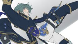  1boy ahoge armor belt black_belt black_boots black_gloves blue_hair blue_shirt boots coat collared_shirt commentary dynamic_pose earrings foreshortening from_side genshin_impact gloves grin hair_between_eyes head_tilt highres jewelry legs lohen_(genshin_impact) long_sleeves looking_at_viewer looking_to_the_side male_focus mole mole_under_eye multicolored_eyes outstretched_arms pants shirt shoulder_armor smile spread_arms spread_legs thigh_strap you_yeyou0904 