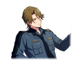  1boy black_necktie breast_pocket brown_eyes brown_hair collared_shirt cropped_torso facial_hair game_cg goatee happy_elements helios_rising_heroes jay_kidman long_sleeves male_focus necktie non-web_source official_art parted_bangs parted_lips pocket police police_uniform shirt solo thick_eyebrows transparent_background upper_body 