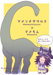  1girl animal_ears black_hair blush bow bowtie brown_shoes chibi commentary_request dinosaur ears_through_headwear fenomeno_(umamusume) flipped_hair hat highres horse_ears horse_girl horse_tail horseshoe_hat_ornament horseshoe_ornament long_hair long_neck mamenchisaurus multicolored_hair open_mouth peaked_cap pleated_skirt puffy_short_sleeves puffy_sleeves purple_bow purple_bowtie purple_hair purple_shirt sailor_collar sailor_shirt sauropod school_uniform shirt shoes short_sleeves skirt speech_bubble tail thigh-highs thought_bubble tracen_school_uniform translation_request umamusume violet_eyes w3n6e white_sailor_collar white_skirt white_thighhighs 
