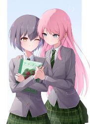  2girls aliasing bang_dream! bang_dream!_it's_mygo!!!!! brown_eyes chihaya_anon chinese_commentary chiqingse closed_mouth commentary_request diagonal-striped_clothes diagonal-striped_necktie green_necktie green_skirt grey_eyes grey_hair hand_up highres holding holding_hands holding_notebook long_hair multiple_girls necktie notebook one_eye_closed pink_hair plaid_clothes plaid_skirt pleated_skirt short_hair skirt striped_clothes takamatsu_tomori yuri 