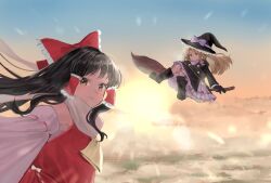  2girls :/ ao_hoshi ascot black_boots black_dress black_gloves black_hat blonde_hair boots bow braid broom broom_riding brown_eyes buttons closed_mouth clouds commentary_request detached_sleeves dot_nose dress flying frilled_bow frilled_dress frilled_hair_tubes frills from_behind gloves hair_bow hair_tubes hakurei_reimu hat hat_bow highres kirisame_marisa long_hair long_sidelocks long_sleeves looking_at_viewer looking_back multiple_girls open_mouth outdoors red_bow red_skirt red_vest ribbon_trim scarf side_braid sidelocks single_braid skirt sky sun sunrise touhou turning_head vest white_bow white_scarf white_sleeves witch_hat yellow_ascot yellow_eyes 