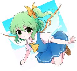  1girl ascot azuma_meri blue_skirt blue_vest blush bow brown_shoes closed_mouth clouds collared_shirt commentary_request daiyousei double-parted_bangs full_body green_eyes green_hair hair_between_eyes hair_bow highres looking_at_viewer miniskirt one_side_up shirt shoes short_hair short_sleeves skirt skirt_set smile solo touhou vest white_shirt yellow_ascot yellow_bow 
