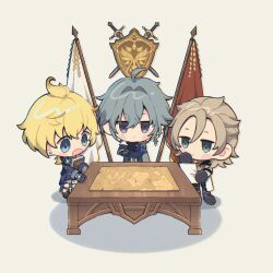 3boys :o ahoge albedo_(genshin_impact) aqua_eyes armor black_boots black_coat black_gloves black_shorts blonde_hair blue_cape blue_coat blue_eyes blue_gloves blue_jacket blue_shirt blush_stickers book boots braid brown_boots brown_hair cape chibi chibi_only closed_mouth coat commentary crossed_bangs earrings english_commentary expressionless flag fold-over_boots genshin_impact gloves grey_hair hair_between_eyes hair_intakes half_up_half_down_braid hand_on_own_chin highres holding holding_book holding_paper hood hood_down hooded_coat hoodie jacket jewelry jitome lohen_(genshin_impact) long_sleeves male_focus map medium_hair mika_(genshin_impact) mole mole_under_eye multicolored_eyes multiple_boys open_clothes open_coat open_jacket open_mouth paper pauldrons shield shirt short_hair short_sleeves shorts shoulder_armor simple_background single_earring single_pauldron sleeve_cuffs standing stud_earrings sword table thigh_boots violet_eyes vision_(genshin_impact) weapon white_background white_coat white_hoodie white_shorts xerin_art 