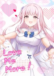  1girl :d angel_wings blue_archive blue_ribbon blush breasts buttons capelet commentary_request double-breasted dress english_text flower frilled_dress frills hair_bun hair_flower hair_ornament halo heart incoming_hug long_hair long_sidelocks looking_at_viewer low_wings mashiro_aa medium_breasts mika_(blue_archive) outstretched_arms pink_hair pink_halo ribbon scrunchie side_up_bun sidelocks single_side_bun sleeveless sleeveless_dress smile solo white_capelet white_dress wings wrist_scrunchie yellow_eyes 