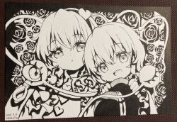  2girls :d absurdres commentary_request dated flower frilled_sleeves frills greyscale hairband hat highres holding holding_unworn_clothes holding_unworn_hat komeiji_koishi komeiji_satori long_sleeves looking_at_viewer monochrome mosho multiple_girls open_mouth parted_lips rose short_hair siblings signature sisters smile thigh-highs touhou traditional_media unworn_hat unworn_headwear upper_body 