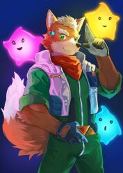  1boy 3others animal_ears black_gloves blue_background closed_mouth commentary english_commentary ff1162167867 fox_boy fox_ears fox_mccloud fox_tail furry furry_male gloves green_jumpsuit highres jumpsuit looking_at_viewer luma_(mario) multiple_others neckerchief open_mouth red_neckerchief smile star_fox super_mario_bros. super_mario_galaxy tail the_super_mario_galaxy_movie vest whiskers white_vest 