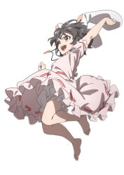  1girl animal_ears barefoot bloomers brown_hair carrot_necklace dress full_body gyouza_(mhea5724) highres inaba_tewi jewelry necklace open_mouth pendant pink_dress puffy_short_sleeves puffy_sleeves rabbit_ears rabbit_girl rabbit_tail red_eyes ribbon-trimmed_dress ribbon_trim short_sleeves simple_background smile solo tail toes touhou white_background white_bloomers 