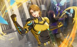  2boys belt black_bodysuit black_gloves bodysuit brad_beams brown_eyes brown_hair clenched_hand clenched_hands facial_hair game_cg gloves goatee happy_elements helios_rising_heroes highres holding jay_kidman male_focus multiple_boys non-web_source official_art open_mouth smile teeth 