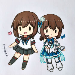  2girls :d alternate_costume artist_name black_eyes black_sailor_collar black_skirt black_socks blue_bow blue_bowtie blue_neckerchief blue_skirt blush blush_stickers bow bowtie brown_hair chibi chibi_only chinese_commentary clothing_cutout collared_shirt commentary_request cyan_(artist) dated eighth_note fubuki_(kancolle) fubuki_kai_ni_(kancolle) full_body grey_background grey_shoes hair_between_eyes hair_bow headphones headset heart highres idol kantai_collection kneehighs low_ponytail medium_hair multiple_girls multiple_persona musical_note neckerchief open_mouth pants pants_under_skirt pleated_skirt ponytail sailor_collar school_uniform serafuku shirt shoes short_sleeves shoulder_cutout sidelocks simple_background skirt smile snowflakes socks white_pants white_shirt white_shoes wrist_cuffs |_| 