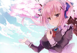  1girl ameno_ame apron ascot back_bow blue_bow blue_ribbon blue_sky blurry blurry_background blush bow breasts brooch cherry_blossoms commentary day falling_petals floating_hair frilled_apron frills hair_between_eyes hair_bow hair_ornament hair_ribbon hands_up jewelry juliet_sleeves large_breasts long_hair long_sleeves looking_to_the_side maid maid_apron maid_headdress melissa_(sakura_no_kumo_scarlet_no_koi) open_hand open_mouth outdoors petals pink_eyes pink_hair puffy_sleeves red_ascot ribbon sakura_no_kumo_scarlet_no_koi sidelocks sky solo spring_(season) tree twintails upper_body white_apron white_bow wind x_hair_ornament 