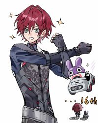  ... 1boy anger_vein belt black_gloves blush chibi chibi_inset commentary cross-body_stretch fingerless_gloves gloves green_eyes hair_between_eyes hair_intakes highres lauren_iroas lauren_iroas_(1st_costume) long_sleeves looking_ahead male_focus multiple_views nijisanji red_hair short_hair silver_belt simple_background smile toya07144 turtleneck untranslatable_commentary upper_body virtual_youtuber white_background 