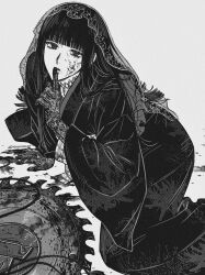  1girl arm_support artist_name blood blood_on_face blood_on_weapon blunt_bangs circular_saw commentary_request empty_eyes feet_out_of_frame finger_to_mouth floral_print floral_print_kimono full_body gloves greyscale highres index_finger_raised japanese_clothes kimono kuroiisana lace lace-trimmed_veil lace_gloves lace_trim long_hair looking_at_viewer lying monochrome obi on_side osaragi_(sakamoto_days) parted_lips print_kimono sakamoto_days sash saw see-through_clothes see-through_veil shushing simple_background solo veil weapon white_background wide_sleeves 