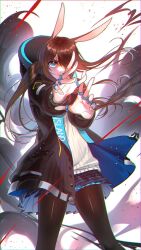  1girl amiya_(arknights) animal_ears arknights black_jacket black_pantyhose blue_eyes blue_skirt brown_hair chromatic_aberration commentary cowboy_shot dust floating_hair hair_over_one_eye highres hood hooded_jacket jacket jewelry legs_apart long_hair long_sleeves looking_at_viewer miniskirt multiple_rings mwongemhani one_eye_covered open_clothes open_jacket outstretched_hand pantyhose parted_lips pleated_skirt ponytail rabbit_ears rabbit_girl ring ring_on_every_finger skirt solo sweater untranslatable_commentary white_background white_sweater 