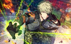  1boy belt black_gloves breast_pocket camouflage camouflage_pants clenched_teeth collared_shirt eyepatch game_cg gloves green_eyes green_hair green_necktie grey_shirt hair_over_one_eye happy_elements headset helios_rising_heroes highres keith_max long_sleeves looking_at_viewer male_focus necktie non-web_source official_art one_eye_covered outdoors pants pocket shirt short_hair solo teeth 
