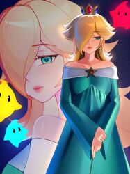  1girl absurdres aqua_dress aqua_eyes blonde_hair blue_eyes blue_luma brooch chiisaisan commentary crown dress earrings english_commentary grey_crown hair_over_one_eye highres jewelry luma_(mario) red_luma rosalina silver_crown star_(symbol) star_bit star_brooch star_earrings super_mario_bros. wand 