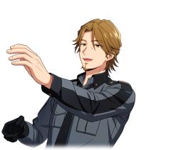  1boy :d black_gloves breast_pocket brown_eyes brown_hair cropped_torso facial_hair game_cg gloves goatee happy_elements helios_rising_heroes jay_kidman long_sleeves male_focus non-web_source official_art open_mouth parted_bangs pocket shirt single_glove smile solo teeth transparent_background upper_body upper_teeth_only 