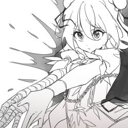  1girl bandaged_arm bandages breasts bun_cover commentary_request cuffs double_bun flower greyscale hair_bun highres ibaraki_kasen korean_commentary lovelobten monochrome shirt short_hair short_sleeves skirt solo tabard touhou white_background 