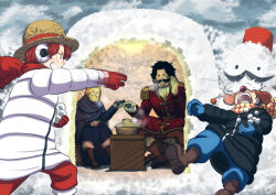  4boys black_coat blonde_hair blue_pants boots bottle brown_boots buggy_the_clown clown_nose coat commentary_request cup earmuffs facial_hair gloves gol_d._roger handlebar_mustache hat highres igloo motion_blur multiple_boys musasabiop mustache one_piece outdoors pants pirate_costume pouring red_coat red_hair round_eyewear sakazuki sake_bottle shanks_(one_piece) short_hair silvers_rayleigh snow snow_shelter snowball snowball_fight snowman straw_hat white_coat white_gloves winter winter_clothes 