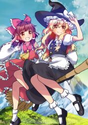  2girls :d apron arm_up bare_shoulders black_hat black_shoes black_skirt black_vest blonde_hair blush bobby_socks bow broom broom_riding brown_hair closed_mouth clouds commentary_request day detached_sleeves frilled_apron frilled_bow frilled_hair_tubes frilled_headwear frills full_body hair_bow hair_tubes hakurei_reimu hat hat_bow highres kirisame_marisa long_hair long_sleeves mary_janes multiple_girls ninjin_(ningin_102811) open_mouth outdoors red_bow red_shirt red_skirt ribbon-trimmed_sleeves ribbon_trim shirt shoes short_hair short_sleeves skirt skirt_set sleeveless sleeveless_shirt smile socks touhou turtleneck turtleneck_shirt vest waist_apron white_apron white_bow white_shirt white_sleeves white_socks wide_sleeves witch_hat yellow_eyes 