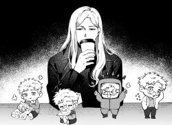  1boy 1girl ailimn00 astronaut beard beard_stubble casual coffee coffee_mug cup eva_stratt facial_hair highres messy_hair monochrome mug project_hail_mary ryland_grace spacesuit stubble 