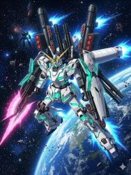  artist_request asteroid debris earth_(planet) full_armor_unicorn_gundam gundam gundam_unicorn in_orbit mecha mecha_focus missile_pod mobile_suit nebula no_humans planet robot scene_reference science_fiction space star_(sky) thrusters unicorn_gundam_banshee v-fin zero_gravity 