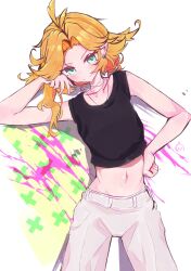  1girl absurdres antenna_hair black_shirt blonde_hair blush cowboy_shot crop_top dokibird earclip green_eyes hand_on_own_cheek hand_on_own_face hand_on_own_hip hand_up highres indie_virtual_youtuber jewelry looking_at_viewer midriff navel necklace pants pointy_ears shirt short_hair sleeveless sleeveless_shirt smile solo troubleshooter_bun v-shaped_eyebrows white_pants 