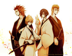  4boys alternate_costume axel_(kingdom_hearts) back-to-back black_kimono blonde_hair checkered_clothes commentary demyx deviantart_username english_commentary english_text facial_mark facing_to_the_side fox_mask gift_art hair_over_one_eye hair_slicked_back hand_on_another's_shoulder hands_up holding holding_mask japanese_clothes katana kimono kingdom_hearts kingdom_hearts_ii light_smile male_focus mask medium_hair multiple_boys multiple_swords obi open_clothes open_kimono painttool_sai_(medium) photoshop_(medium) red_hair roxas rrr samurai sash serious sword upper_body weapon white_kimono yellow_theme zexion 