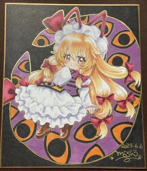  1girl absurdres blonde_hair boots bow brown_boots commentary_request dated dress full_body gap_(touhou) hair_bow hat hat_ribbon highres long_hair long_sleeves looking_at_viewer mob_cap mosho multiple_hair_bows purple_tabard red_bow red_ribbon ribbon shikishi signature solo tabard touhou traditional_media very_long_hair white_dress white_hat yakumo_yukari yellow_eyes 