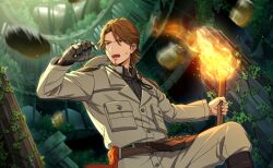  1boy belt belt_pouch black_shirt boots brown_eyes brown_hair collared_shirt dirty dirty_face facial_hair fire game_cg goatee happy_elements helios_rising_heroes highres holding jacket jay_kidman long_sleeves male_focus mechanical_arms non-web_source official_art open_mouth pants parted_bangs pouch shirt single_mechanical_arm solo stubble sweatdrop torch 