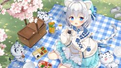  1girl :d animal animal_ears blue_bow blue_bowtie blue_eyes blue_sailor_collar blue_skirt blush bow bowtie broccoli cardigan cherry_blossoms cherry_tomato commentary_request day egg_(food) food frilled_skirt frills hair_bow hair_intakes kohaku_nene la_peche_party long_sleeves looking_at_viewer lunchbox onigiri open_cardigan open_clothes open_mouth outdoors picnic picnic_blanket pleated_skirt sailor_collar shirt short_hair sitting skirt smile snow_leopard snow_leopard_ears snow_leopard_girl snow_leopard_tail solo striped_bow striped_bowtie striped_clothes tail tobio_illust tomato virtual_youtuber white_hair white_shirt 