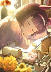  1girl absurdres animal_ears blush book brown_hair casual closed_eyes closed_mouth commentary_request desk ear_covers eraser flower hair_ornament hairband headband highres horse_ears horse_girl jacket long_sleeves nishino_flower_(casual)_(umamusume) nishino_flower_(umamusume) notebook pencil_case pink_hairband pink_jacket short_hair sleeping sleeping_on_desk smile t_mikuta_atukim umamusume vase x_hair_ornament 