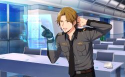  1boy belt black_gloves black_necktie breast_pocket brown_eyes brown_hair collared_shirt game_cg gloves happy_elements helios_rising_heroes highres indoors jay_kidman long_sleeves male_focus necktie non-web_source official_art open_mouth pants pocket pointing shirt single_glove solo teeth upper_teeth_only window 