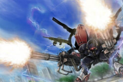  ammunition_belt blue_sky blurry blurry_background building casing_ejection city commentary_request depth_of_field dual_wielding dutch_angle electricity firing from_below gatling_gun glowing glowing_eye gun holding holding_gun holding_weapon leaning_forward legs_apart mecha mecha_focus metal_wolf metal_wolf_chaos motion_blur multiple_weapons muzzle_flash no_humans ogamiya_jin one-eyed outdoors painterly red_eyes robot science_fiction shell_casing signature sky skyline skyscraper tree weapon 