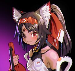  1girl animal_ear_fluff animal_ears black_background black_hair blush cat_ears cat_girl closed_mouth commentary dark-skinned_female dark_skin dress gradient_background highres kamiyama_kenta looking_at_viewer medium_hair nekomiya_mana ponytail purple_background red_eyes solo tonfa untranslatable_commentary weapon white_dress zenless_zone_zero 