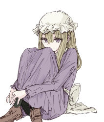  1girl back_bow black_socks bow brown_shoes check_commentary collared_dress commentary_request contrast_collar covered_mouth dress hair_between_eyes hat kashiwada_kiiho long_dress maribel_hearn mob_cap purple_dress sash shoes simple_background sitting socks solo touhou violet_eyes white_background white_bow white_hat white_sash 