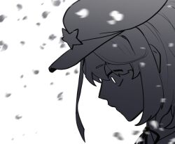  1girl blank_eyes commentary_request falling_petals greyscale hair_ornament hat hat_ornament highres jiangshi korean_commentary looking_down lovelobten miyako_yoshika monochrome ofuda petals ribbon short_hair star_(symbol) star_hat_ornament touhou white_background 