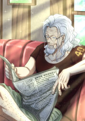  1boy beard black_shirt closed_mouth commentary_request facial_hair fake_text grey_shorts highres indoors leg_hair male_focus musasabiop mustache_stubble newspaper old old_man one_piece reading round_eyewear scar scar_across_eye scar_on_face shirt shorts silvers_rayleigh smile solo sparkle stubble sunlight window 